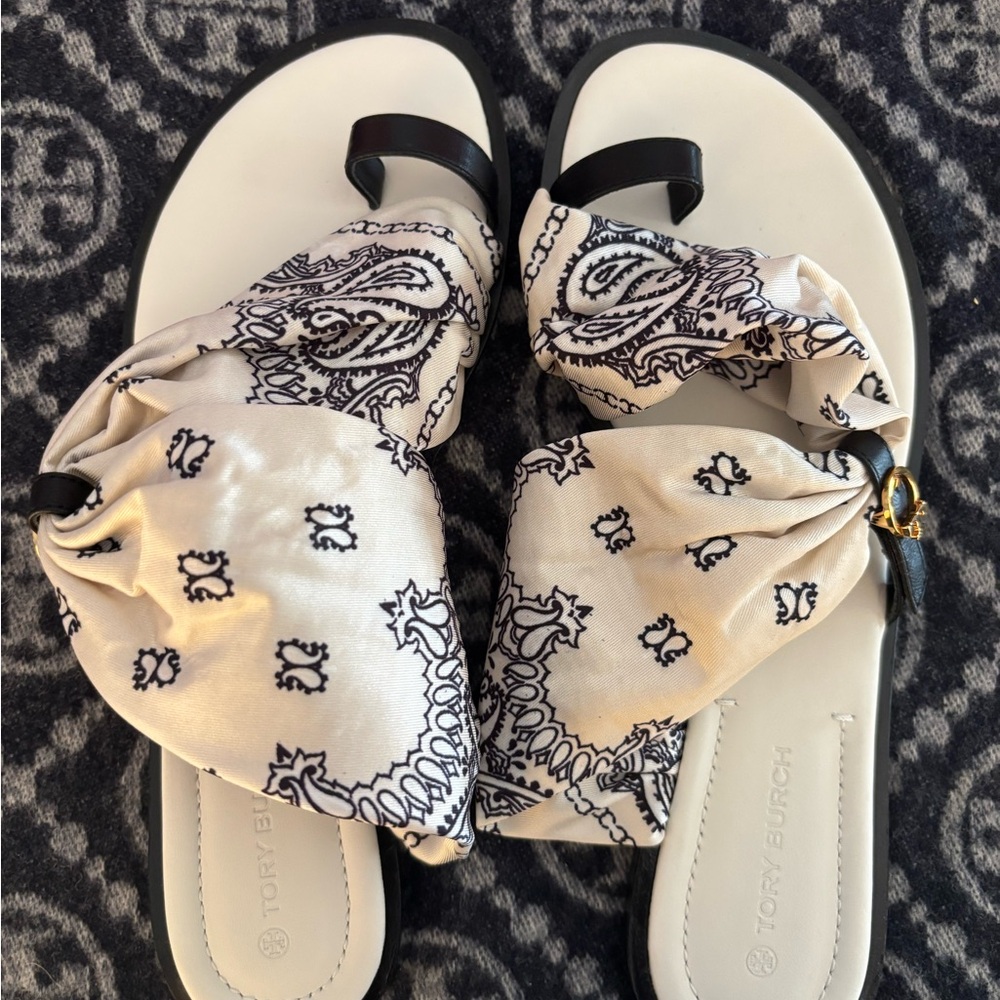 Tory Burch Black and Cream Paisley Sandals